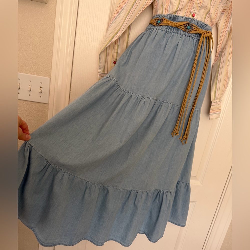 Tronjori Light Blue Chambray Denim Tiered Ankle Maxi Western Prairie Skirt, M - Picture 11 of 13